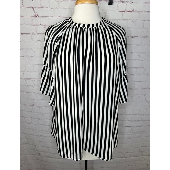 LOFT Black White Vertical Stripe Short Sleeve Blouse Womens Large Top - Picture 1 of 7